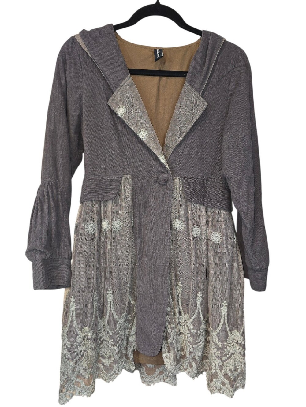 Sacred Threads Grey Corduroy & Embroidered Lace Hooded Jacket Coat - Size Small